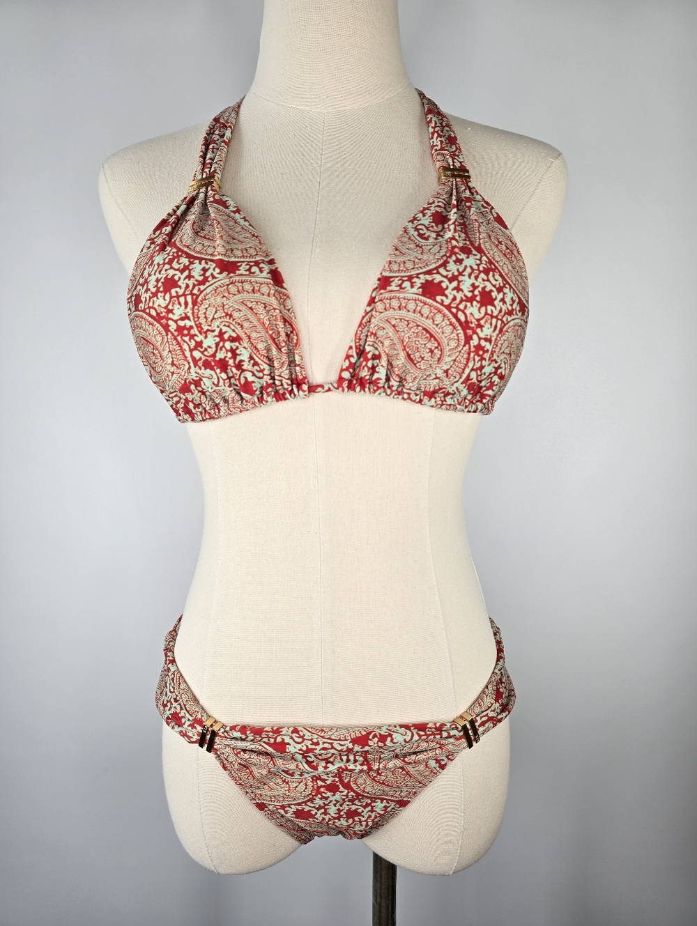 ViX Paula Hermanny Bia Paisley Bikini Set Red & Mint with Gold Hardware Size M